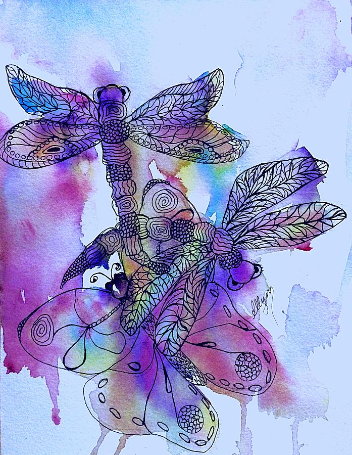 Dragonflies and Butterfly Jewels  Painting by Ellen Levinson