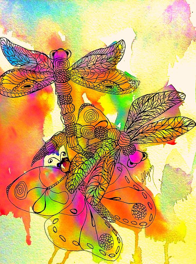 Dragonflies and Butterfly Psychedelic  Painting by Ellen Levinson