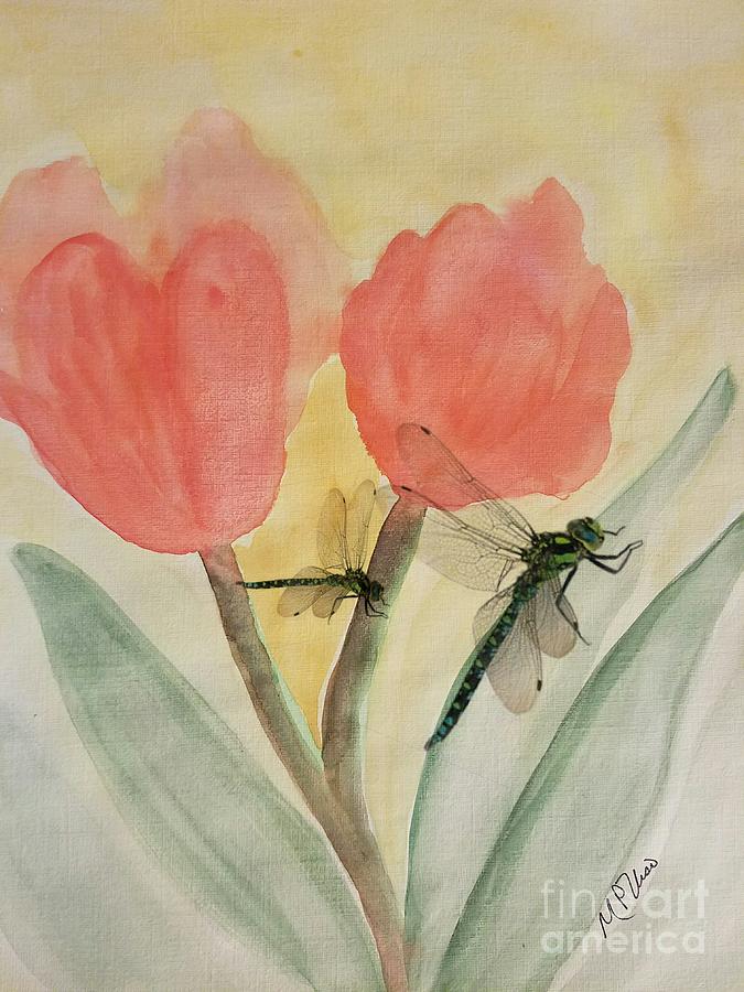 Dragonflies and Tulips Painting by Maria Urso