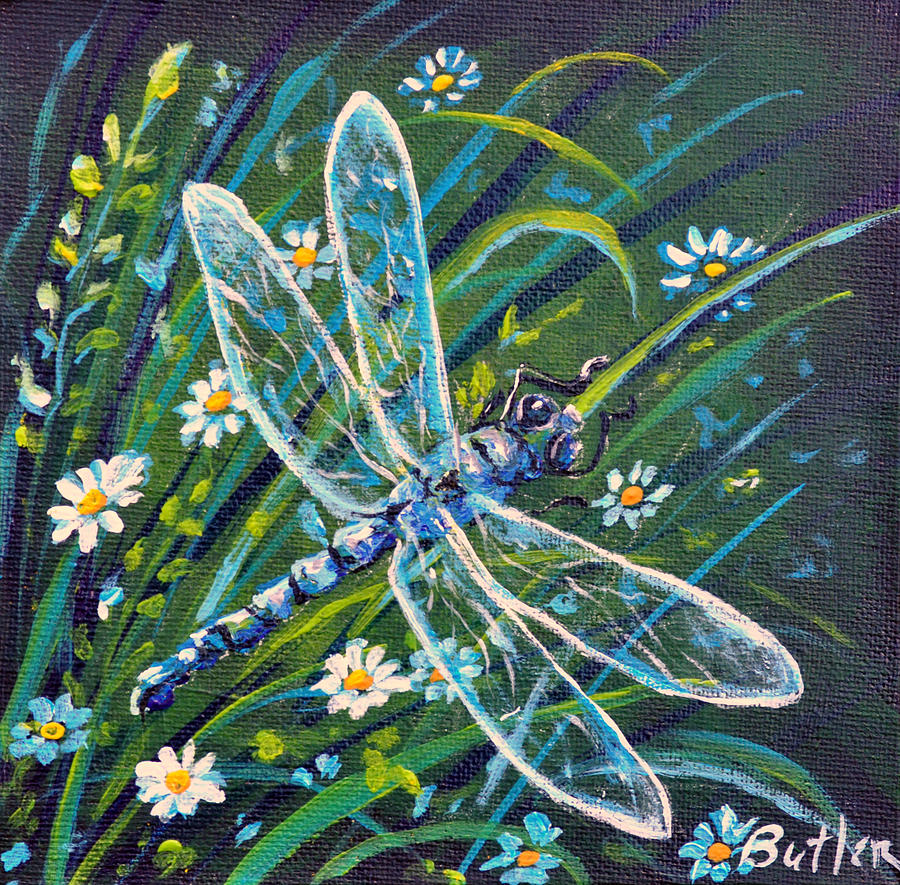 Dragonfly and Daisies Painting by Gail Butler