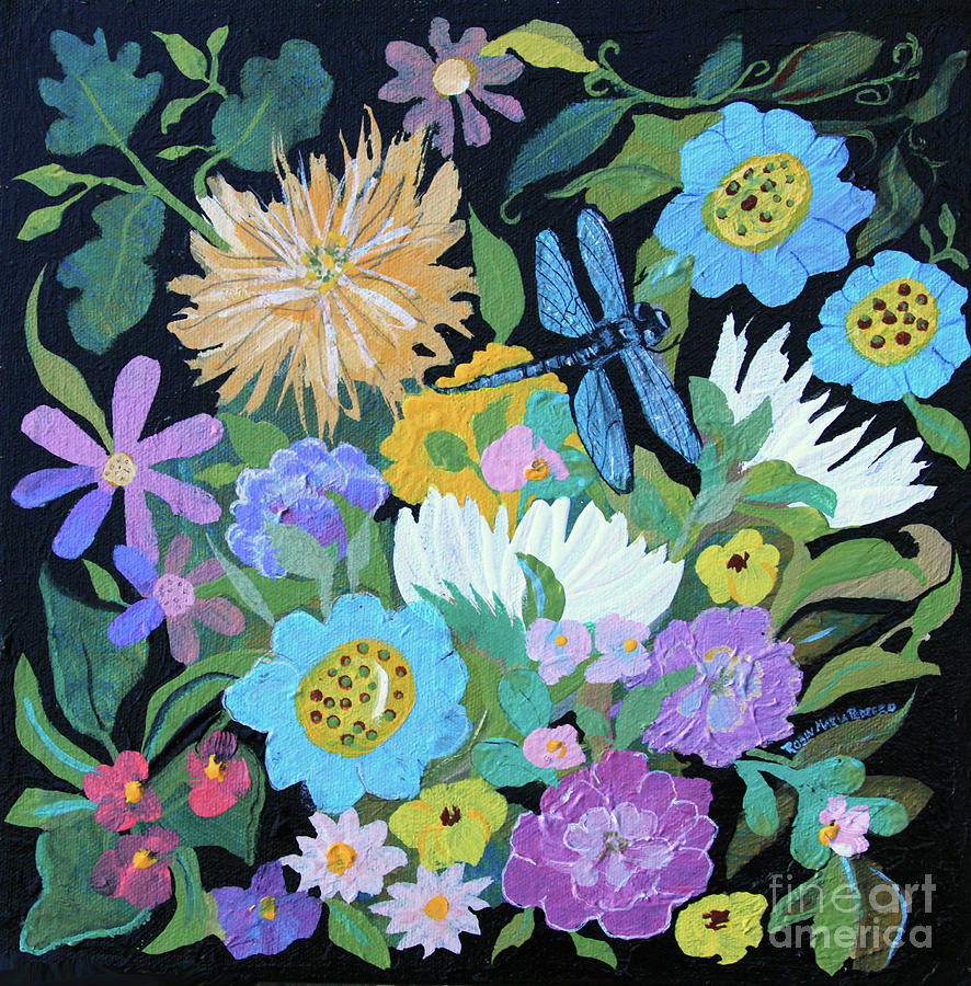 Dragonfly and Flowers Painting by Robin Pedrero