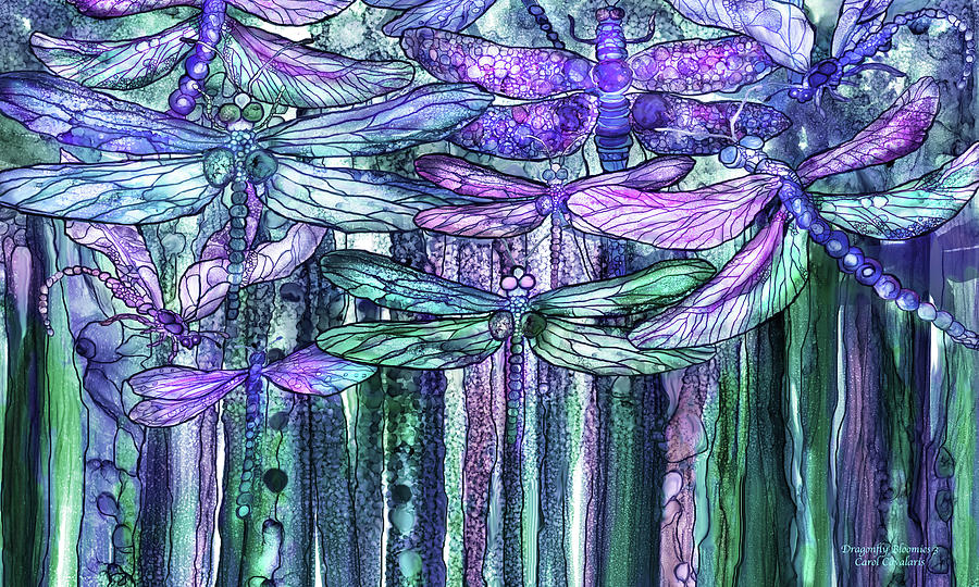 Carol Cavalaris Mixed Media - Dragonfly Bloomies 3 - Lavender Teal by Carol Cavalaris