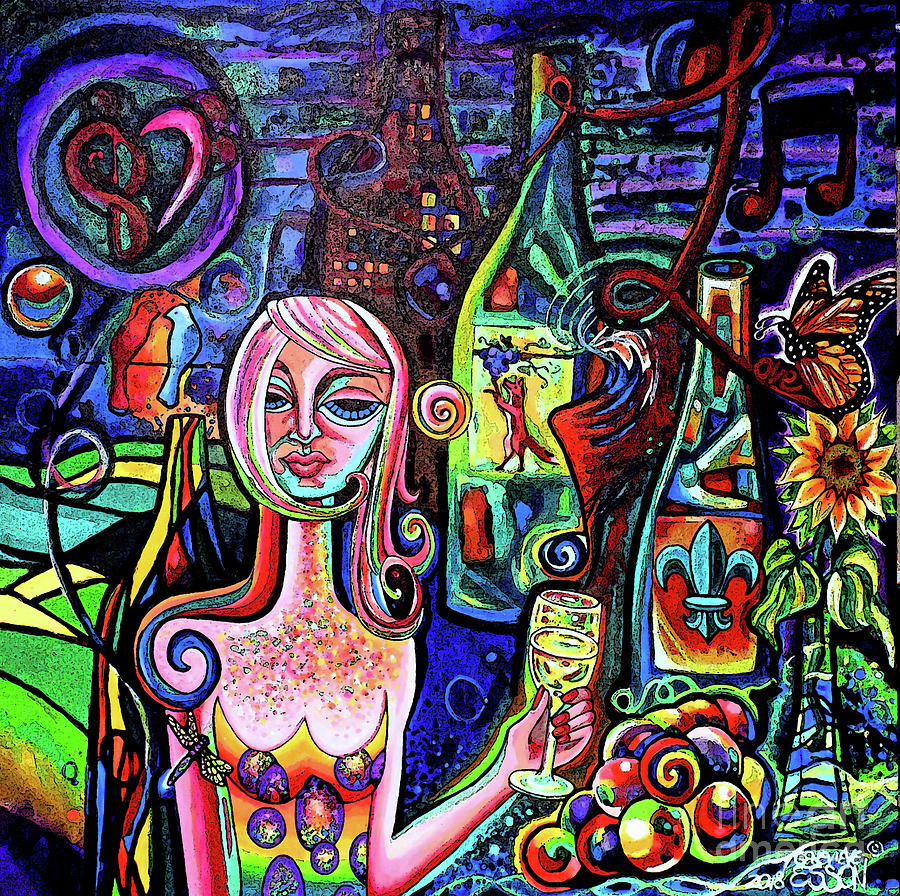 Dragonfly Girl With Wine And Grapes WallBall 2018 Poster Edges Painting by Genevieve Esson