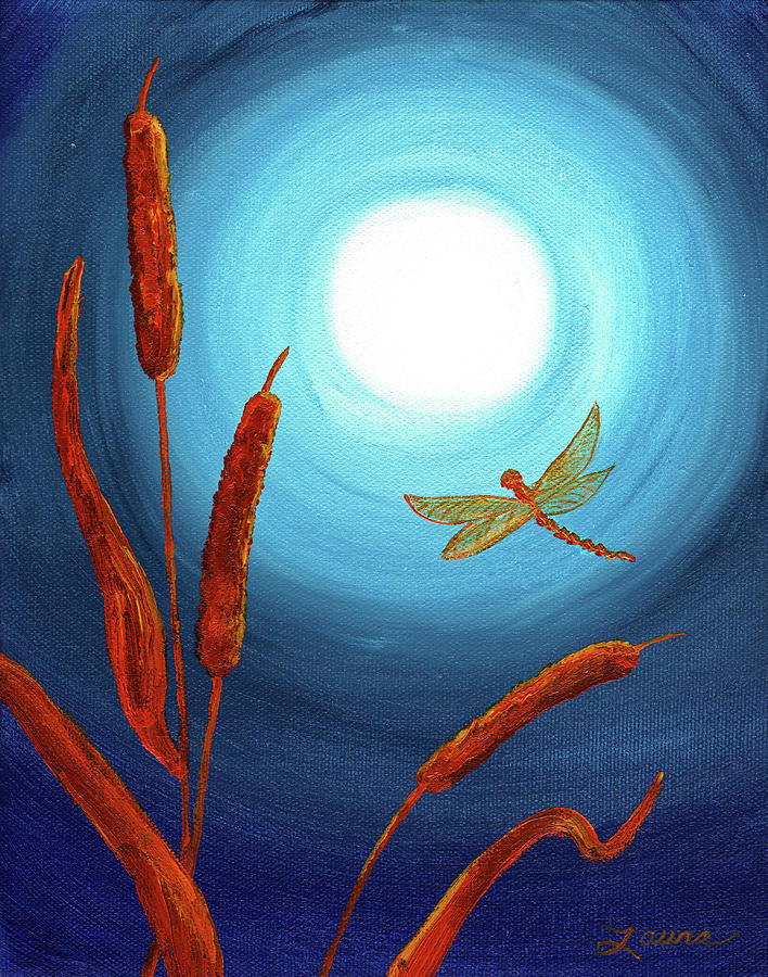 Dragonfly in Teal Moonlight Painting by Laura Iverson