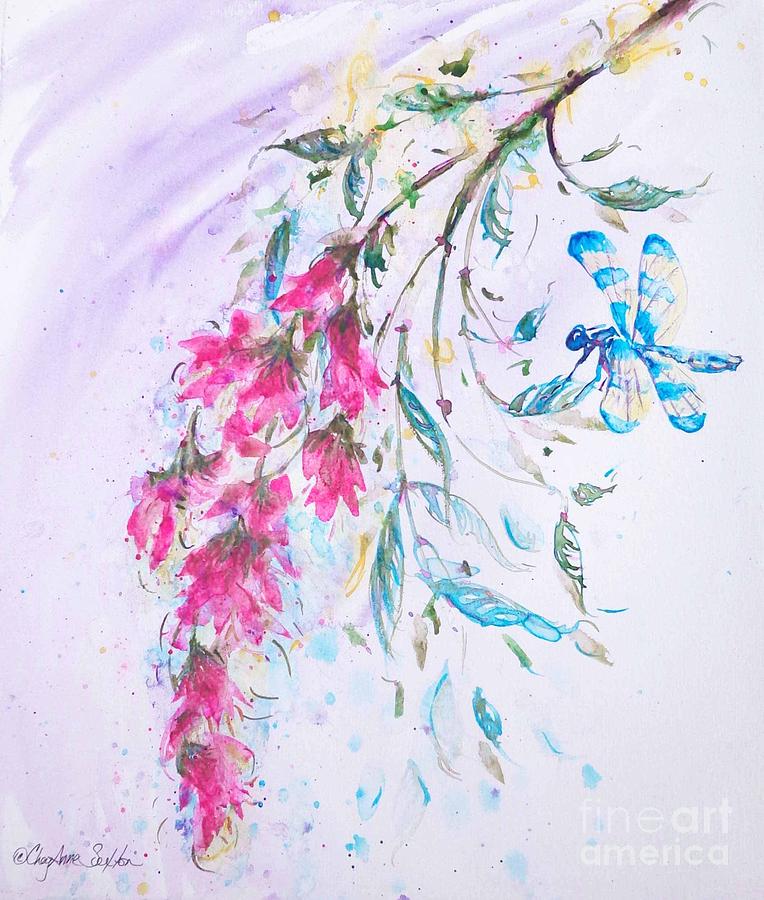 Dragonfly Watercolor Painting - DragonFly on Fuchsia Vine by CheyAnne Sexton