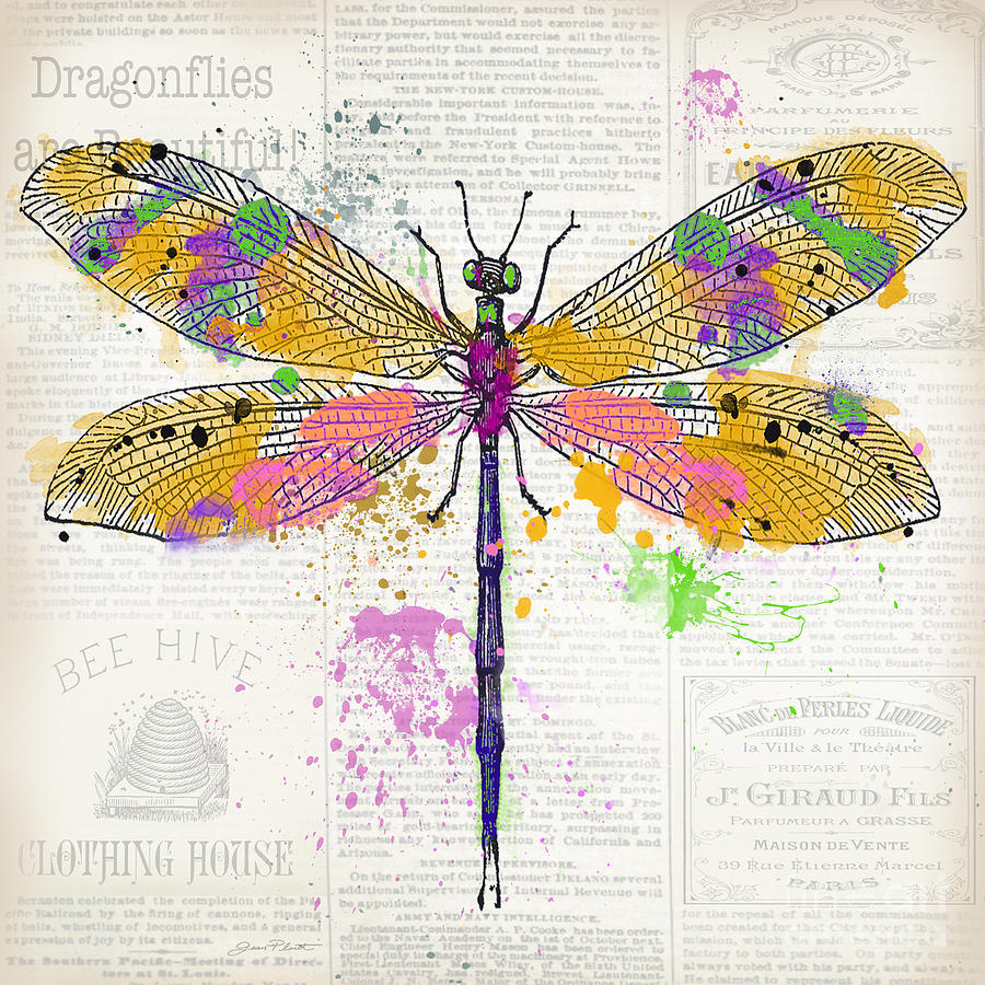 Dragonfly on Newsprint-JP3454 Painting by Jean Plout