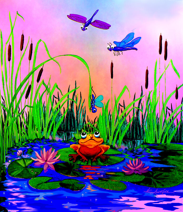 Dragonfly Pond Sunset Painting by Hanne Lore Koehler