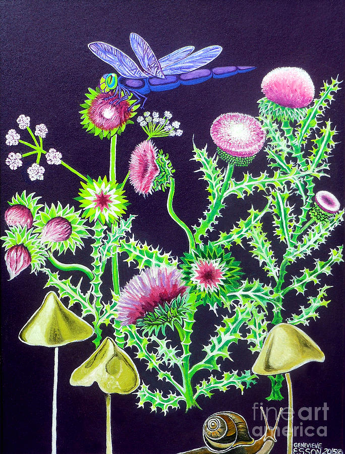 Dragonfly Thistle and Snail Painting by Genevieve Esson