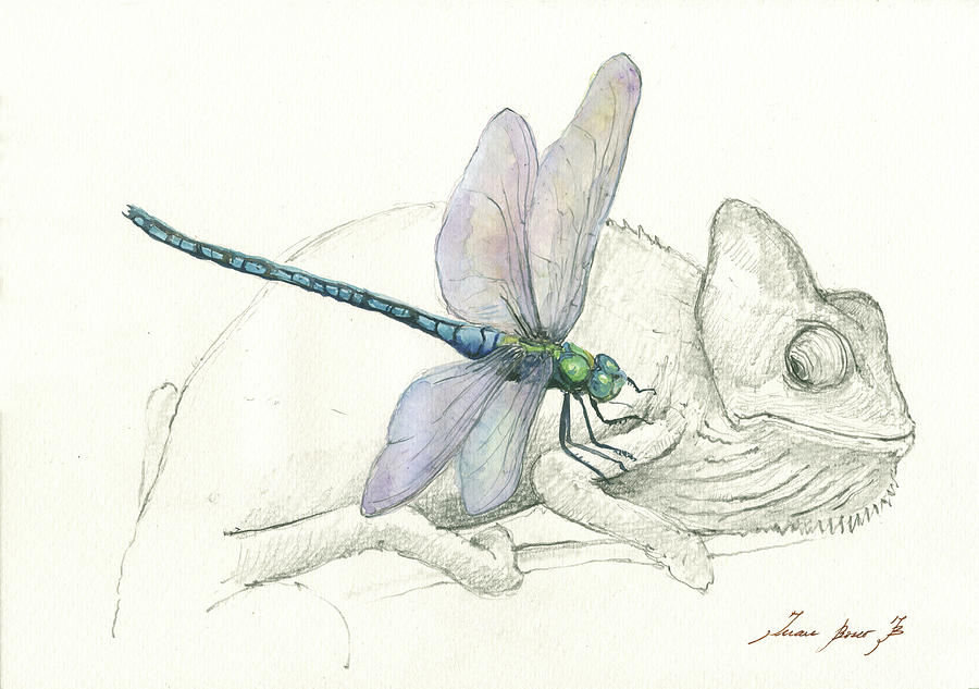 Dragonfly Watercolor Painting - Dragonfly with chameleon by Juan Bosco