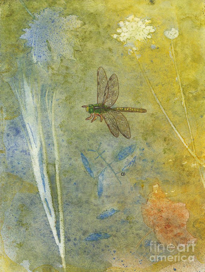 Dragonfly with Plant Impressions Painting by Conni Schaftenaar