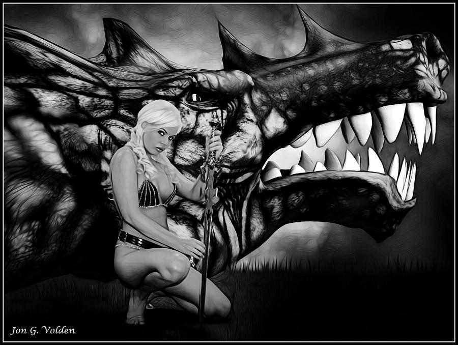 Fantasy Painting - Dragons Bane BW by Jon Volden