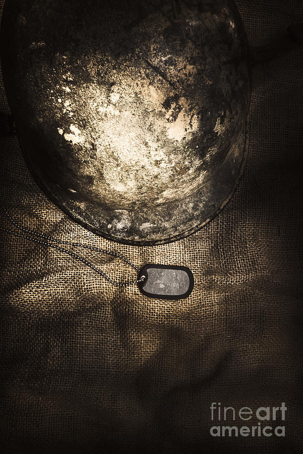 Dramatic Dog Tags and Military Helmet Still Life Photograph by Jorgo Photography