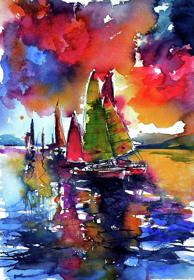 Dramatic mood with sailboats Painting by Kovacs Anna Brigitta