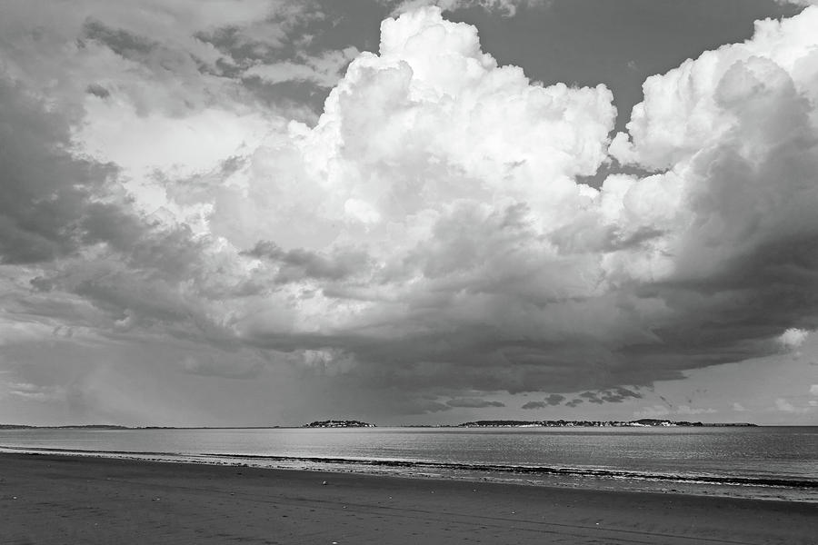 Beach Photograph - Dramatic Puffy Clouds over Nahant from Revere Beach Revere MA Black and White by Toby McGuire