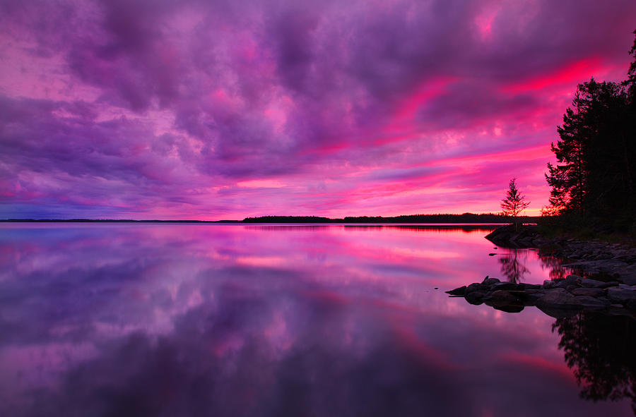 Dramatic purple pink sunset over lake in Finland Photograph by Sandra ...