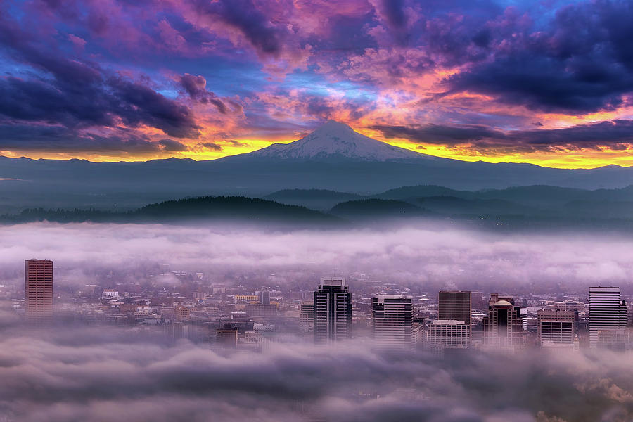 Dramatic Sunrise over Foggy Downtown Portland Photograph by David Gn