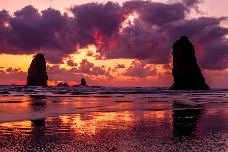 Dramatic Sunset on Cannon Beach Oregon Photograph by Teri Virbickis