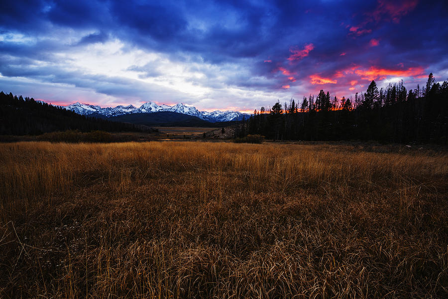 Dramatic sunset over Sawtooth Mountain Range Stanley Idaho Photograph by Vishwanath Bhat