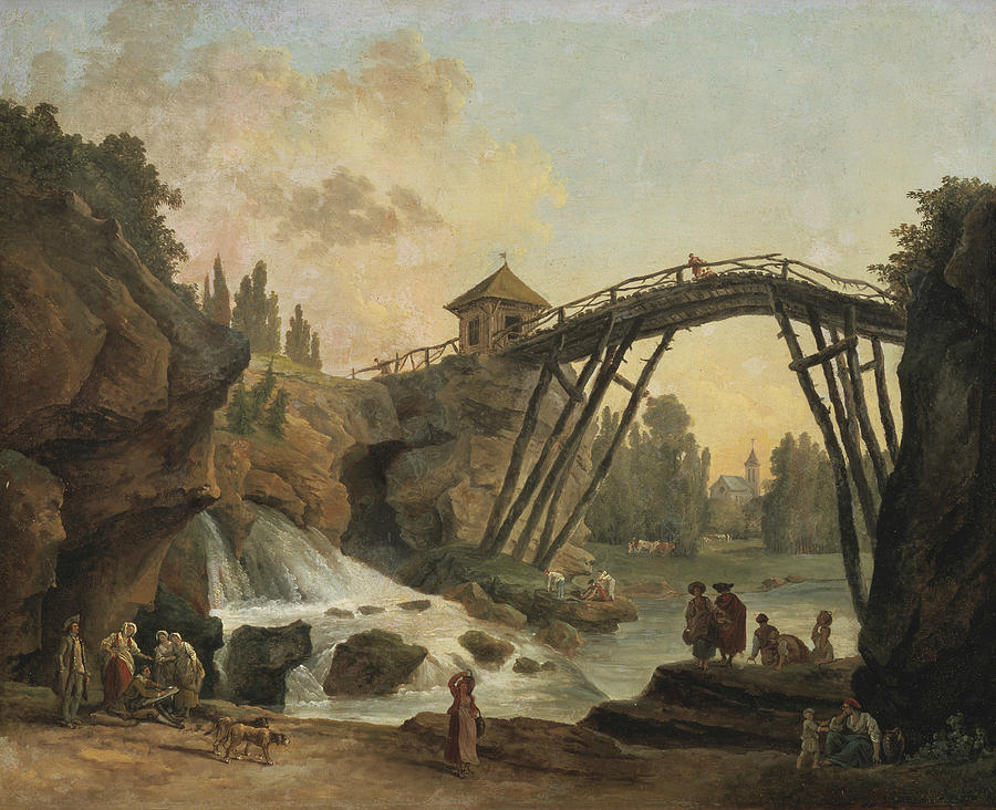 Draughtsman Drawing the Wooden Bridge in the Park of Mereville Painting by Hubert Robert