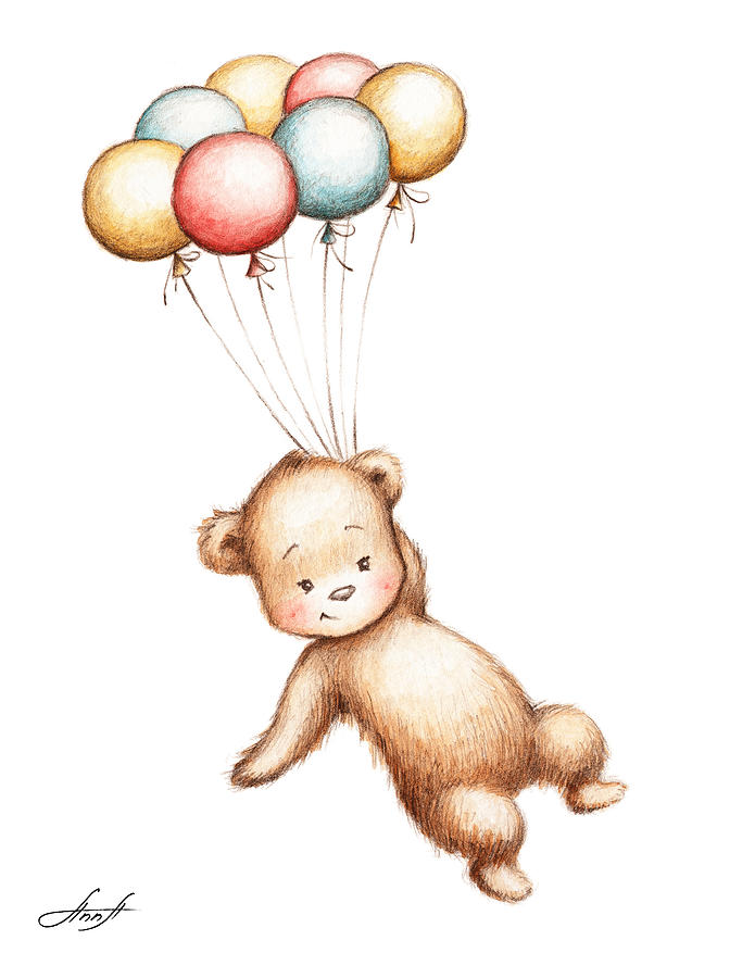 Drawing of Teddy Bear flying with balloons Painting by Anna Abramskaya