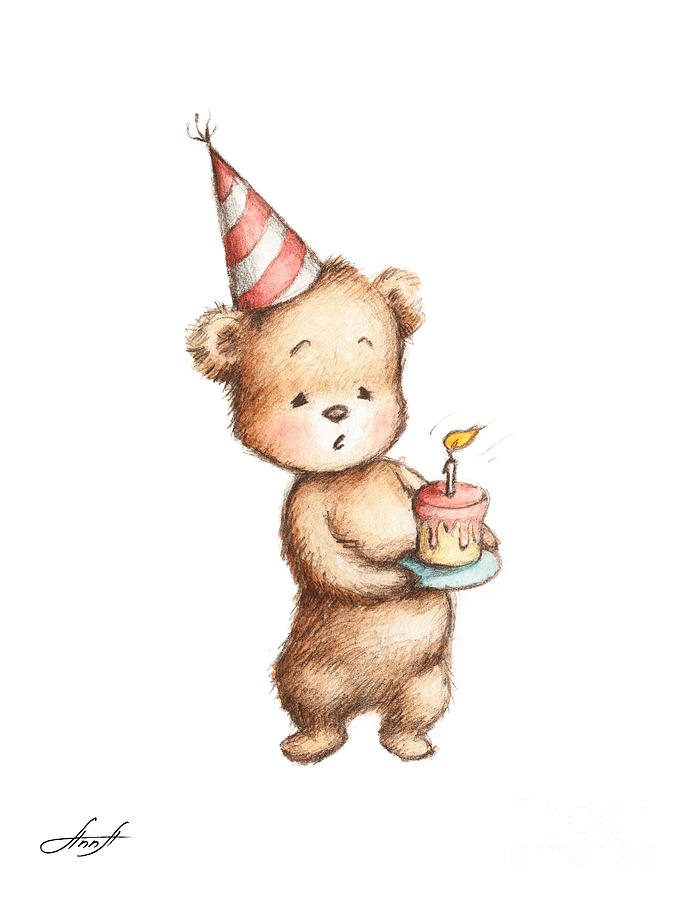 Cake Painting - Drawing of Teddy Bear with Birthday Cake by Anna Abramskaya