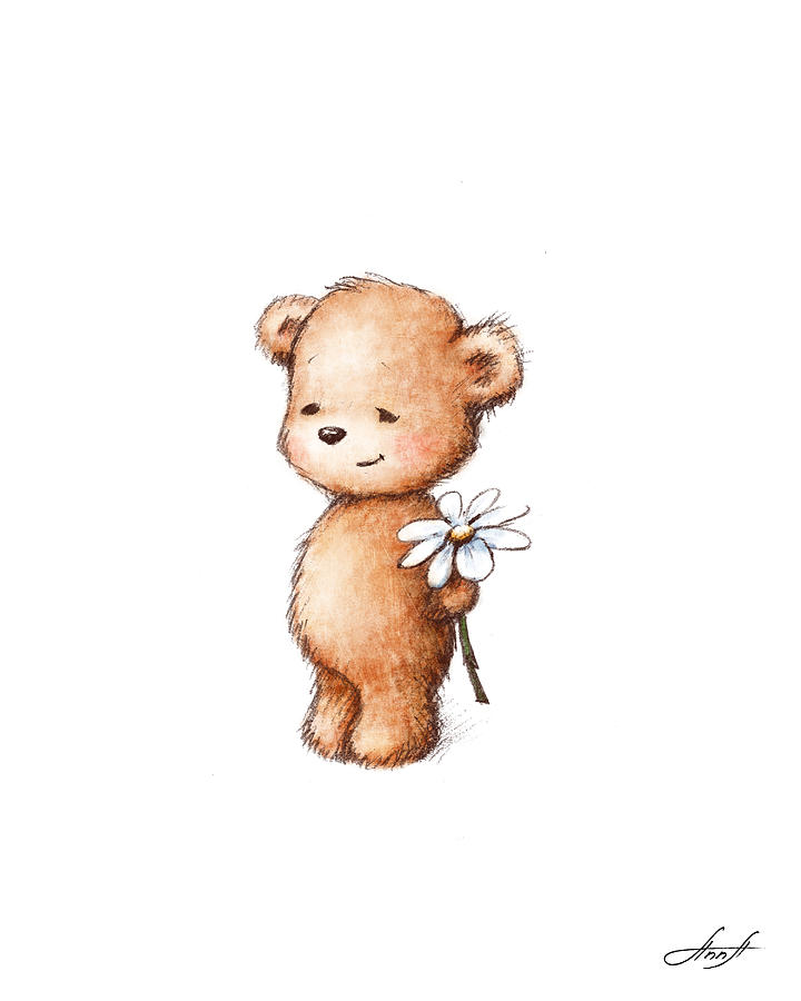 Animal Digital Art - Drawing of teddy bear with daisy by Anna Abramskaya