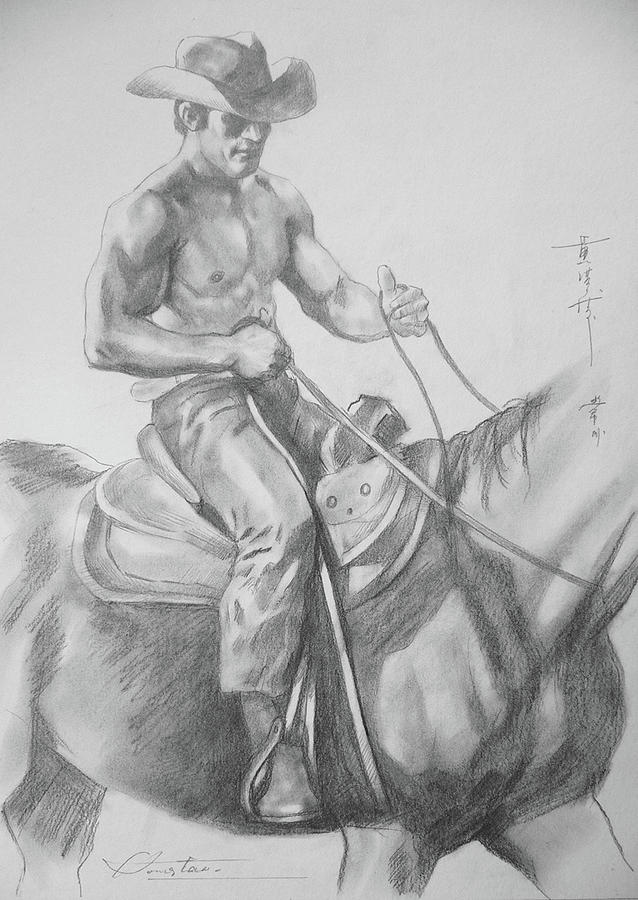 Drawing Pencil Cowboy On Horse #17119 Drawing by Hongtao Huang