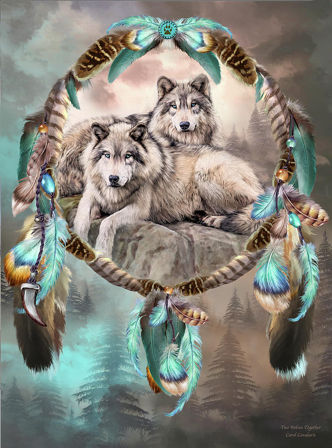 Dream Catcher - Two Wolves Together Mixed Media by Carol Cavalaris