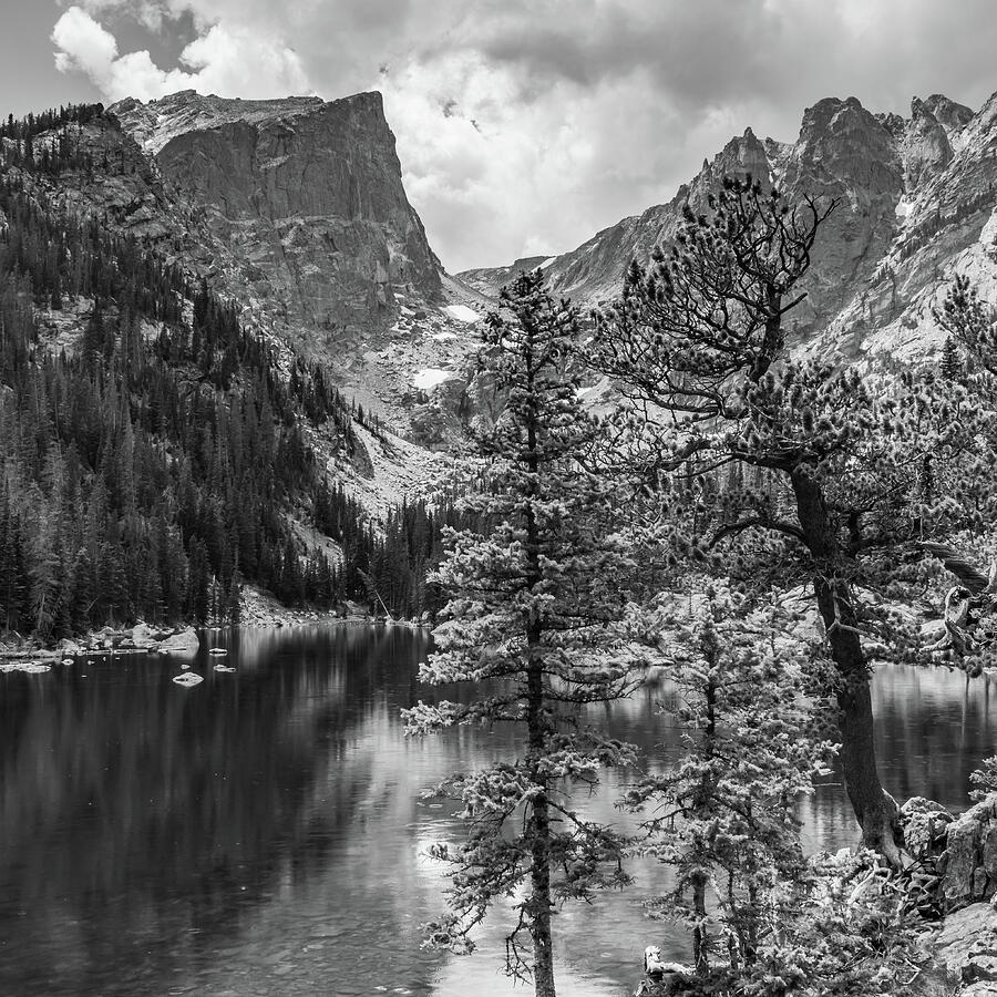 Dream Lake and Hallett Peak - Colorado Mountain Landscape Monochrome - Square Format Photograph by Gregory Ballos Dream Lake and Hallett Peak - Colorado Mountain Landscape Monochrome - Square Format Photograph by Gregory Ballos
