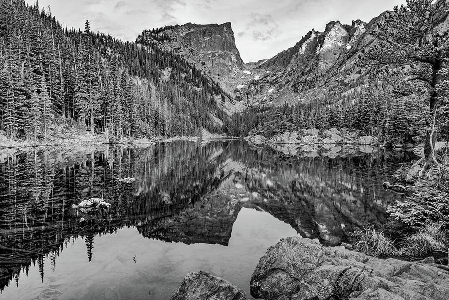 Dream Lake and Hallet Peak - Monochrome Photograph by Gregory Ballos