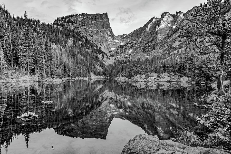Dream Lake Reflections and Rocky Mountain National Park Landscape - Black and White Photograph by Gregory Ballos