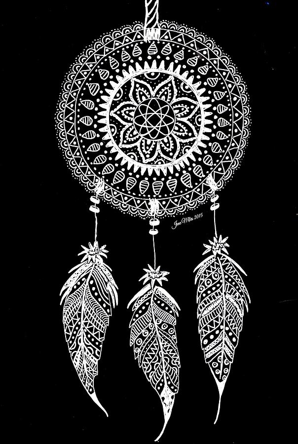 Dreamcatcher White On Black Drawing By Jane Miles 