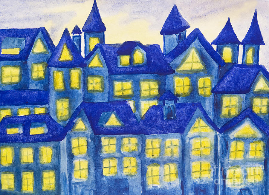 Dreamstown dark blue, watercolours Painting by Irina Afonskaya