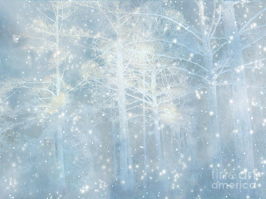Tree Photograph - Dreamy Blue Stars Winter Snow Woodlands Nature Print- Pastel Blue Trees Nature Decor by Kathy Fornal