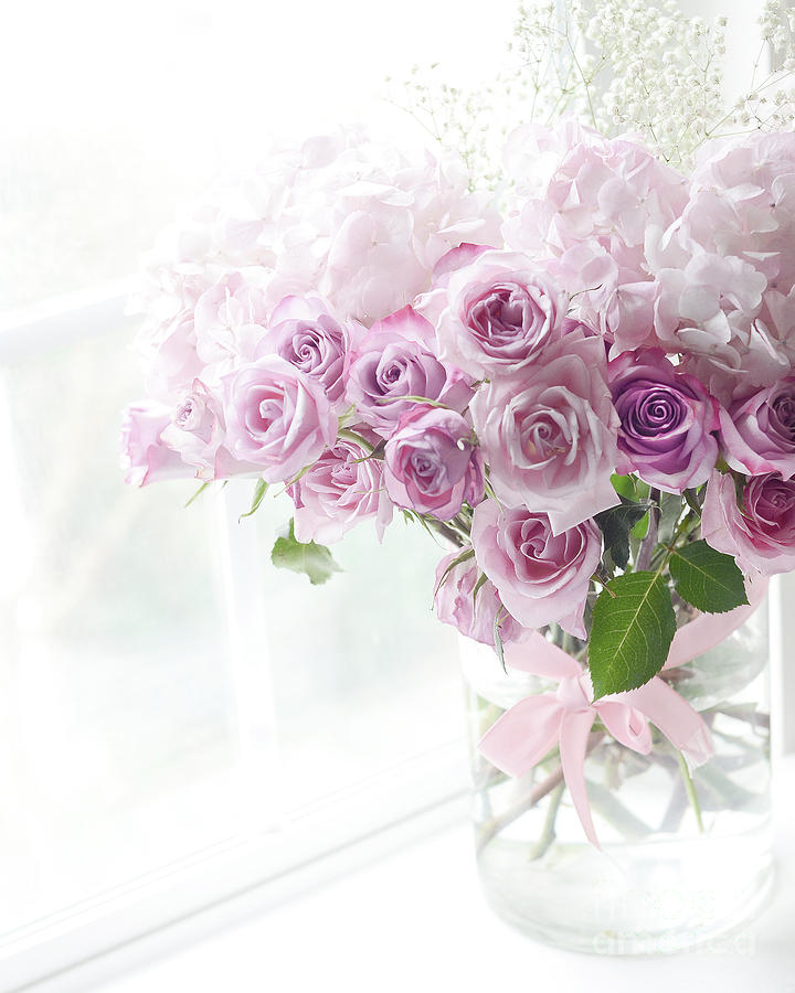 Dreamy Ethereal Pink Lavender Shabby Chic Romantic Roses - Pastel Roses In Window Photograph by Kathy Fornal