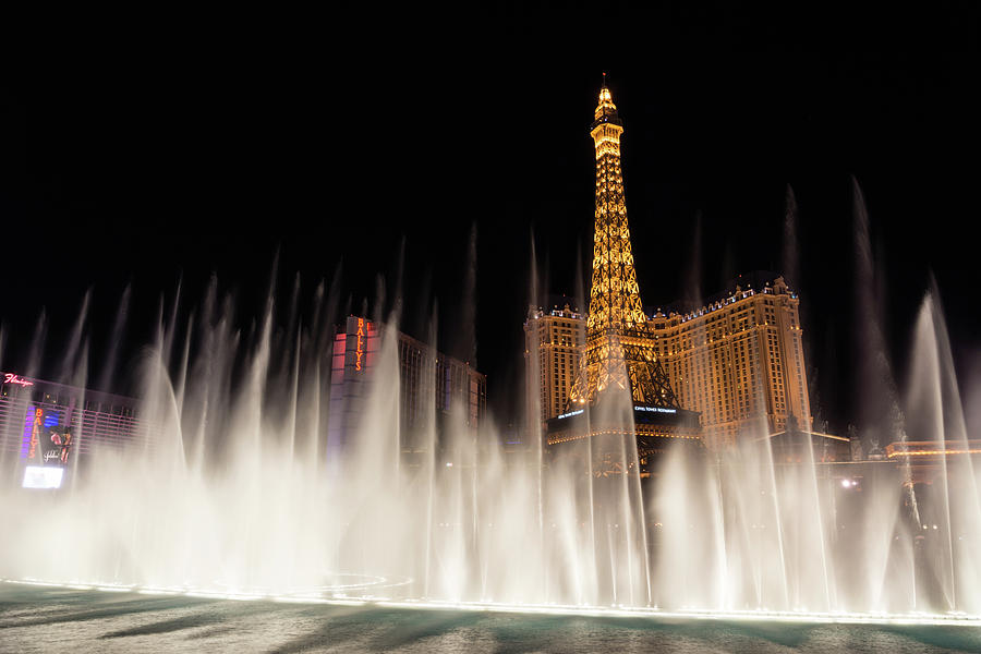 Dreamy Las Vegas - Paris and Ballys Behind a Soft Fountain Curtain Photograph by Georgia Mizuleva