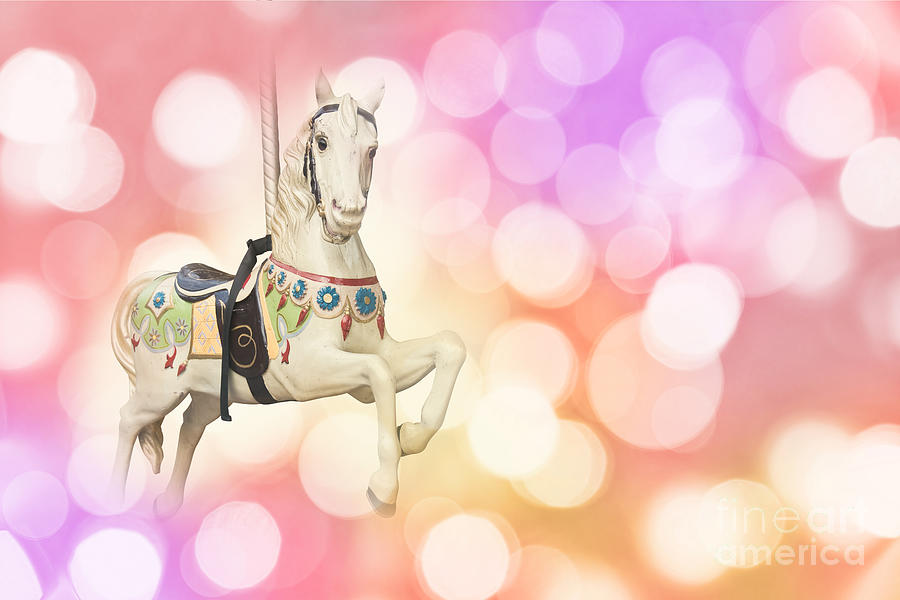 Vintage Photograph - Dreamy pastel pink carousel horse. by Delphimages Photo Creations