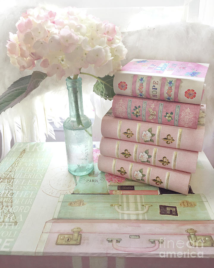 Pink Books Hydrangea Flowers Wall Decor - Shabby Chic Cottage Pink Books Print - Shabby Chic Books Photograph by Kathy Fornal