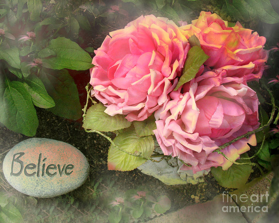 Pink Peonies Photograph - Dreamy Shabby Chic Cabbage Pink Roses Inspirational Art - Believe by Kathy Fornal