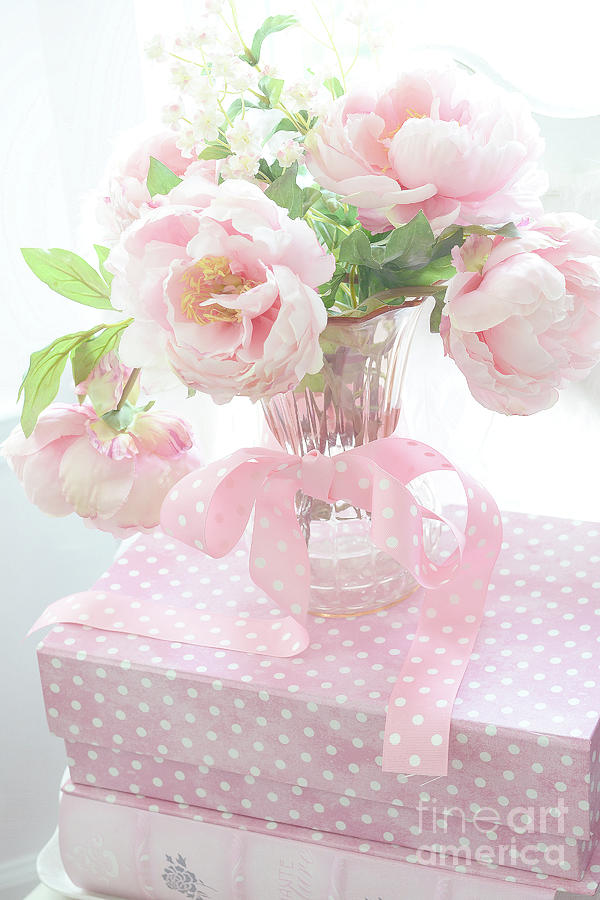 Pink Peonies Photograph - Dreamy Shabby Chic Cottage Pink Peonies In Vase - Romantic Pink Peonies Floral Bouquet by Kathy Fornal