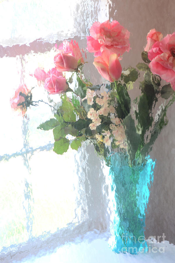 Shabby Chic Flowers Photograph - Dreamy Shabby Chic Impressionistic Coral Peach Pink Bouquet - Peach Coral Flowers In Aqua Vase by Kathy Fornal
