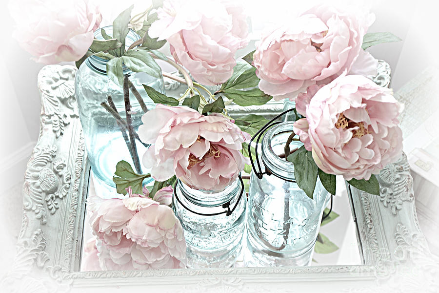 Dreamy Shabby Chic Peonies Vintage Mason Jars Romantic Cottage Floral Decor Photograph by Kathy Fornal
