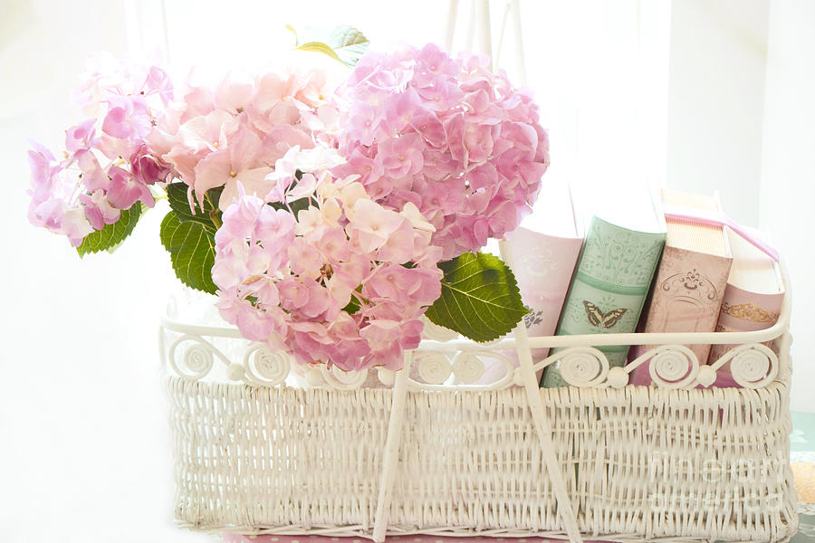 Shabby Chic Pink Hydrangeas In Basket - Cottage Pink Hydrangeas Books Basket Print Home Decor Photograph by Kathy Fornal