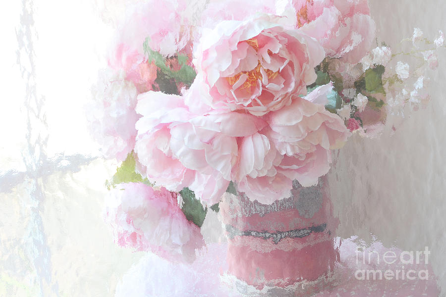 Dreamy Shabby Chic Romantic Pastel Pink Peonies Impressionistic Art - Paris French Peonies Print Photograph by Kathy Fornal