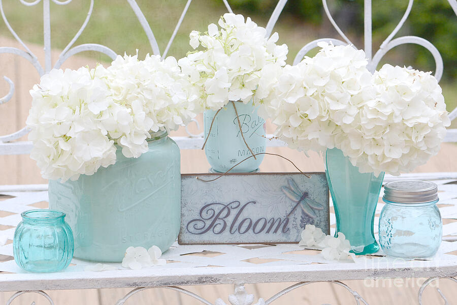 Flower Photograph - White Hydrangeas Cottage Decor- Shabby Chic White Hydrangeas In Aqua Blue Teal Mason Ball Jars by Kathy Fornal