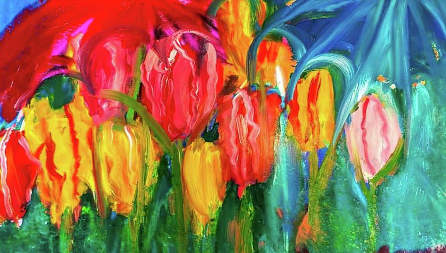 Flower Painting - Drenched Tulips by Toby Gotesman Schneier