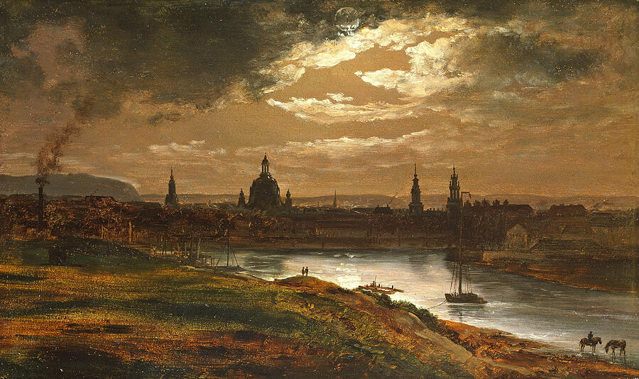 Dresden by Moonlight, from 1845 Painting by Johan Christian Dahl