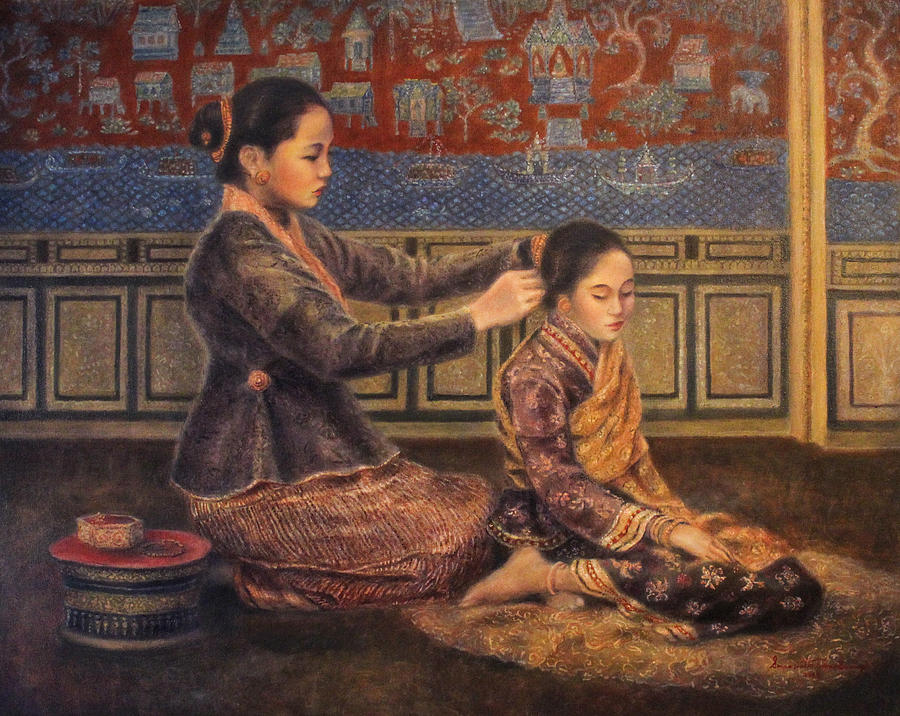 Dressing within the Palace Painting by Sompaseuth Chounlamany
