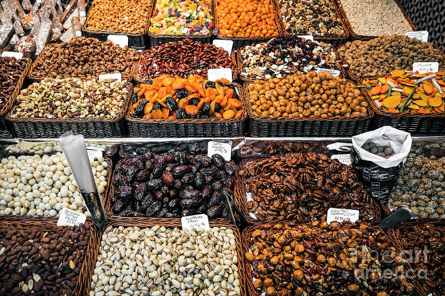 Dried Fruits And Nuts Stall La Boqueria Market Barcelona Spain Photograph by JM Travel Photography