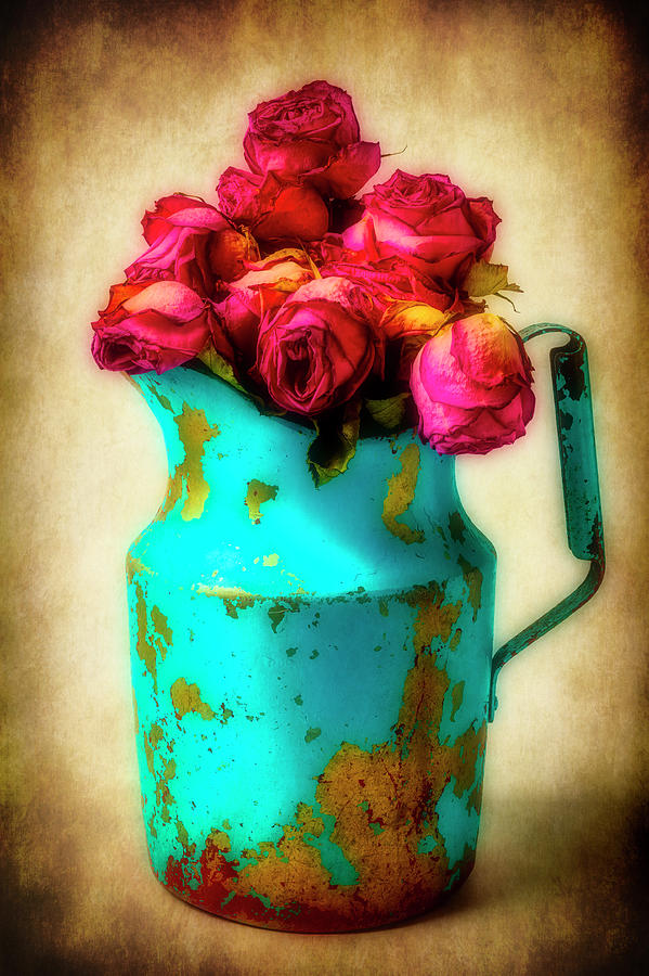 Dried Pink Roses In Blue Pitcher Photograph by Garry Gay